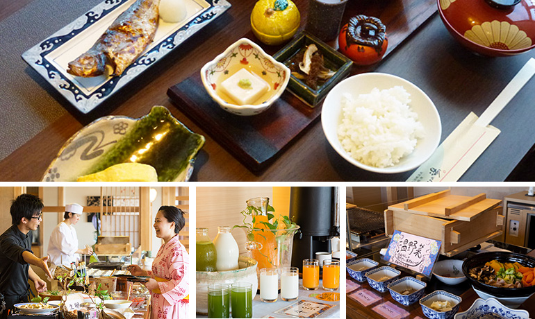 料理長こだわりの朝食膳+大好評!ハーフバイキング